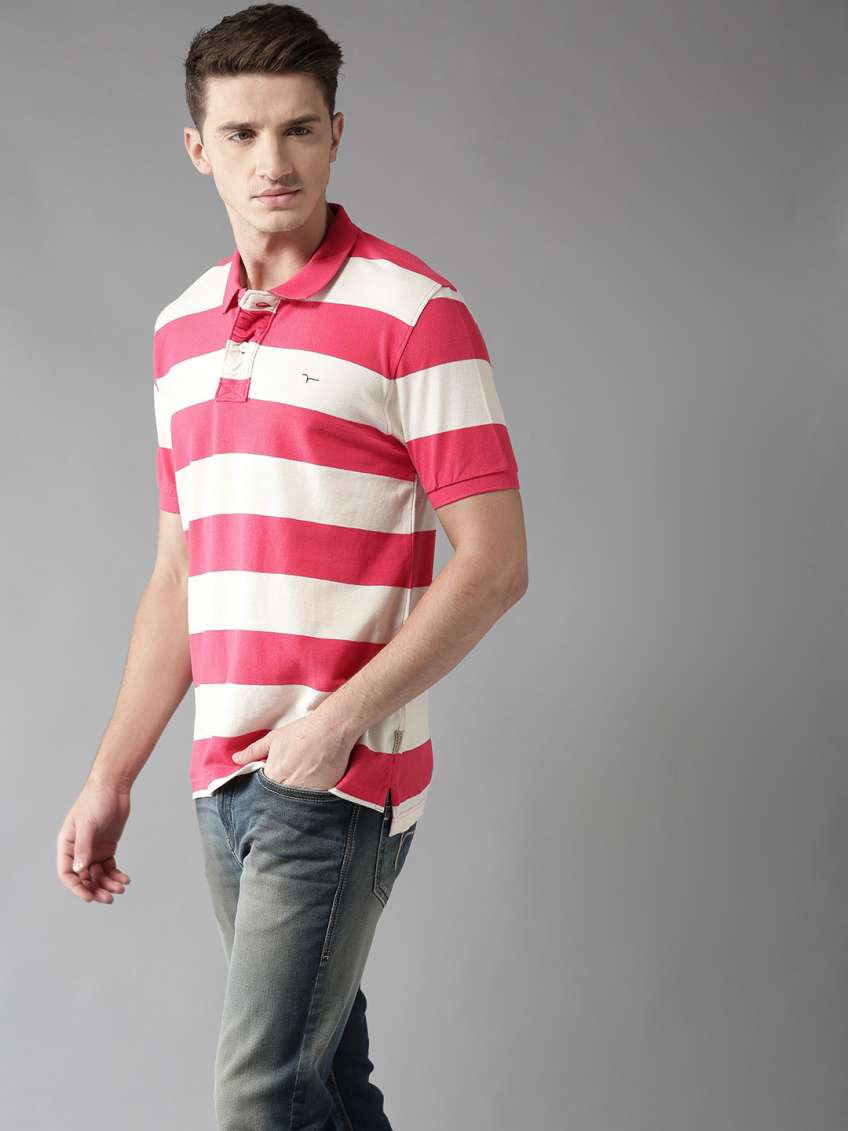 Men Pink striped Polo Collar Pure Cotton T-shirt by Flying Machine