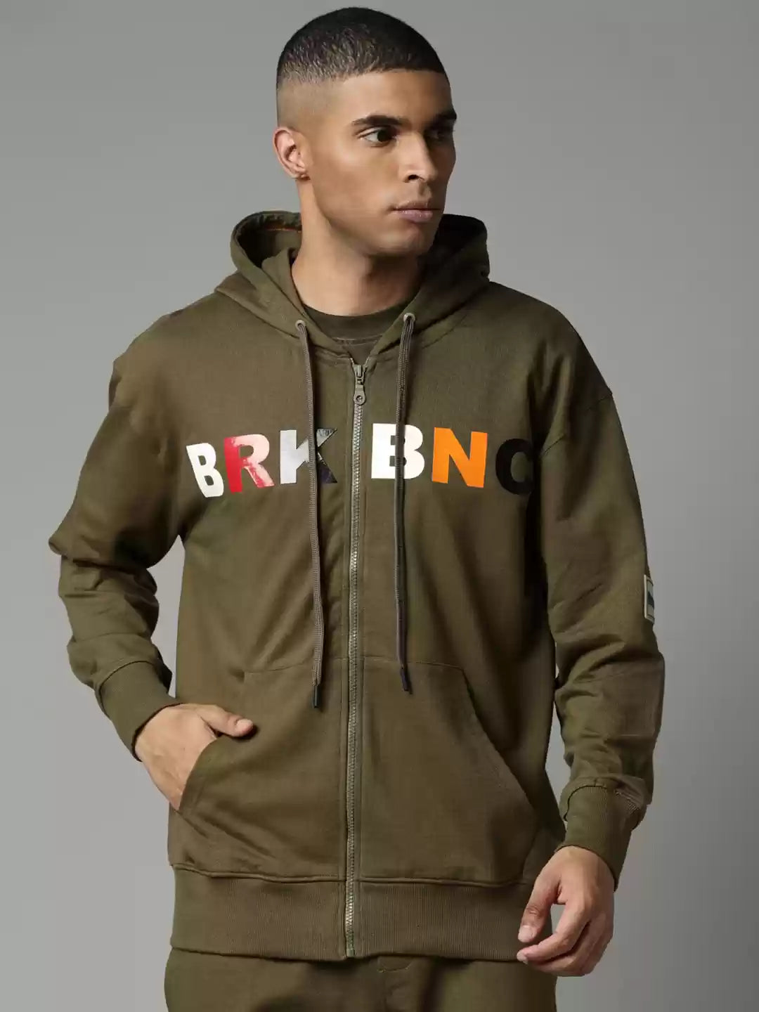 Men Olive Green Printed Hooded Pure Cotton Sweatshirt by BREAK BOUNCE
