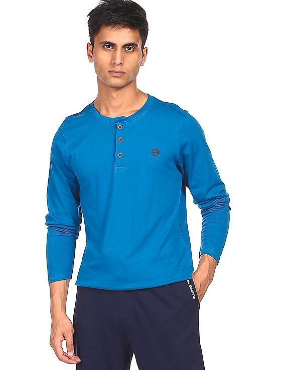 Long sleeve solid henley neck T shirt by Flying machine