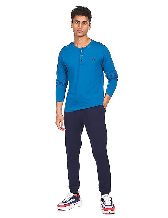 Long sleeve solid henley neck T shirt by Flying machine