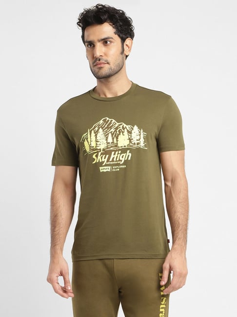 Dark Moss Olive Pure Cotton Regular Fit Printed T-Shirts by Levi's