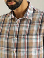 Men Checked Full Sleeve Linen Blend Shirt by Indian Terrain