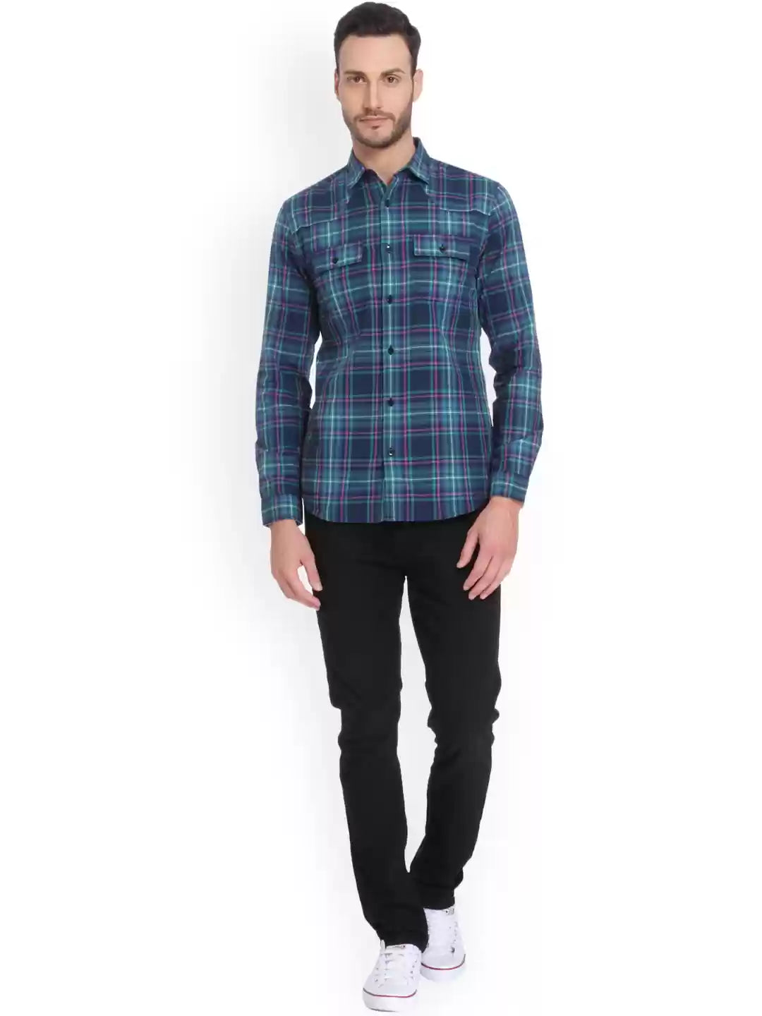 Men Green & Navy Blue Slim Fit checked casual shirts by Only & Son's
