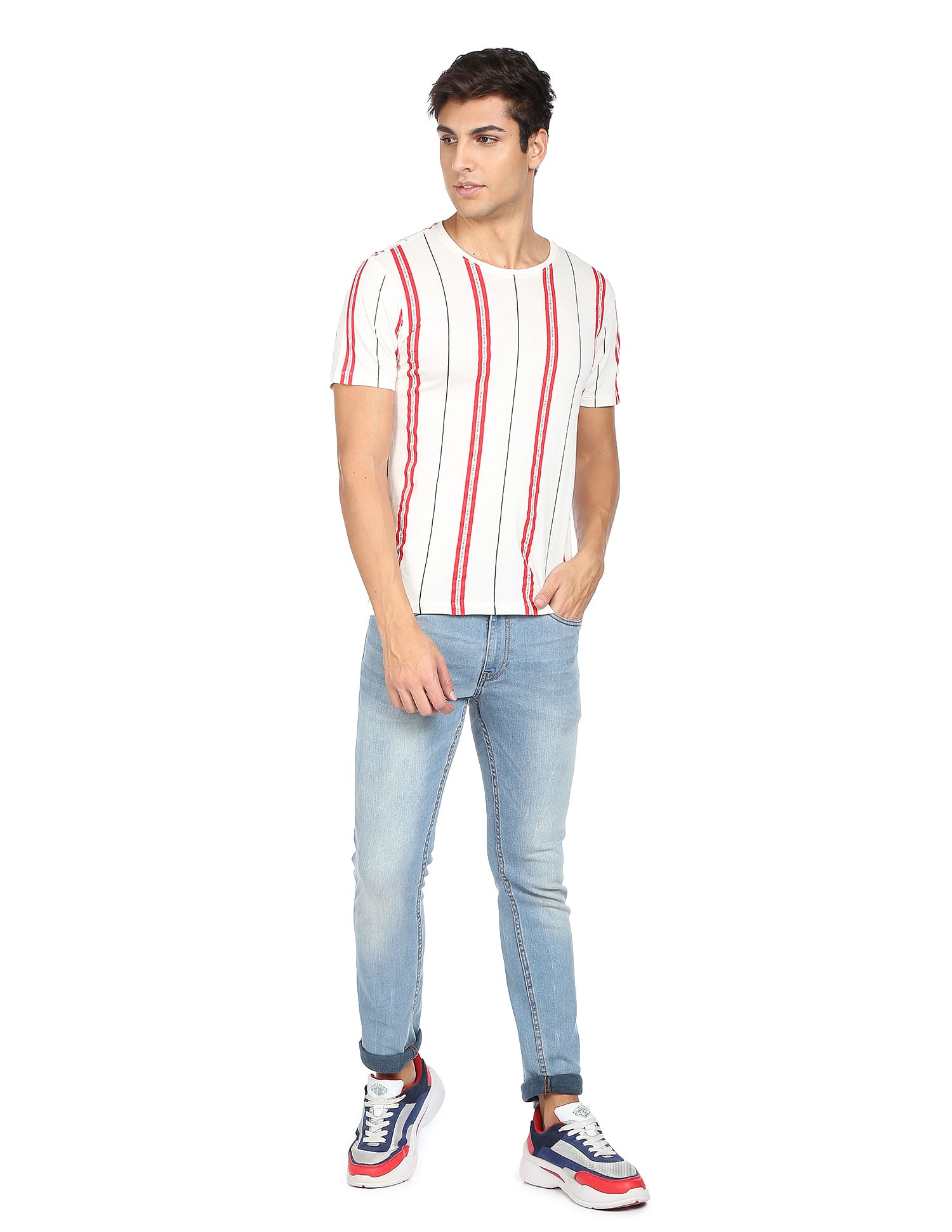 Crew Neck Vertical Strip Cotton T-shirt by Flying Machine