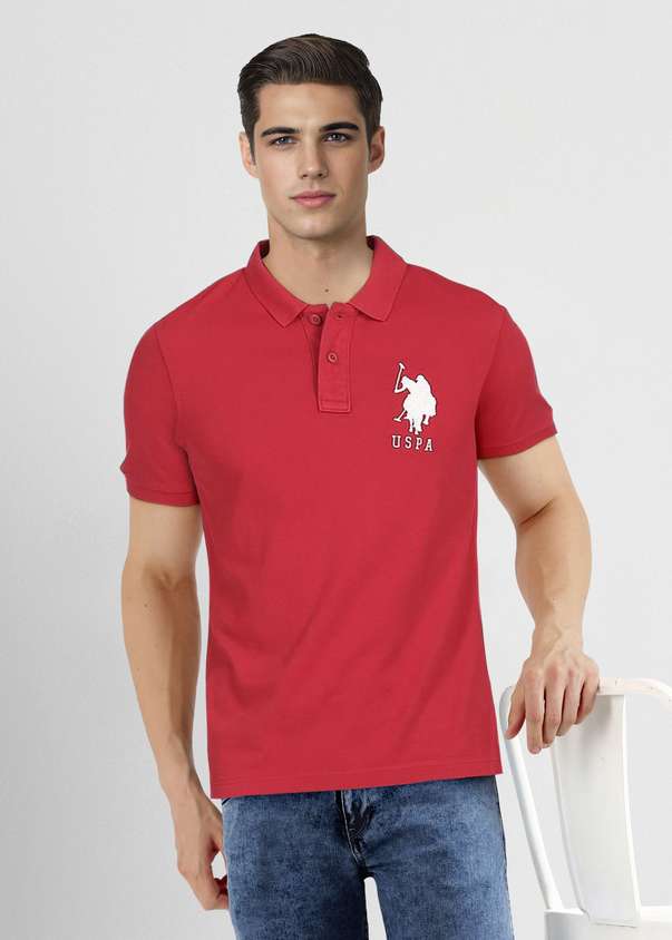 Men Solid Polo Neck Cotton Blend Red T-shirt by U. S. POLO ASSN.
