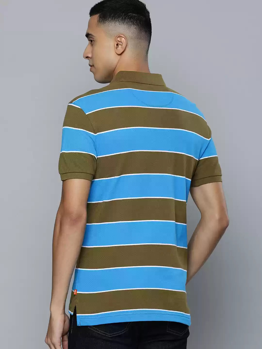 Levi's Men Blue and Olive Green Striped Polo Collar Pure Cotton T-shirt