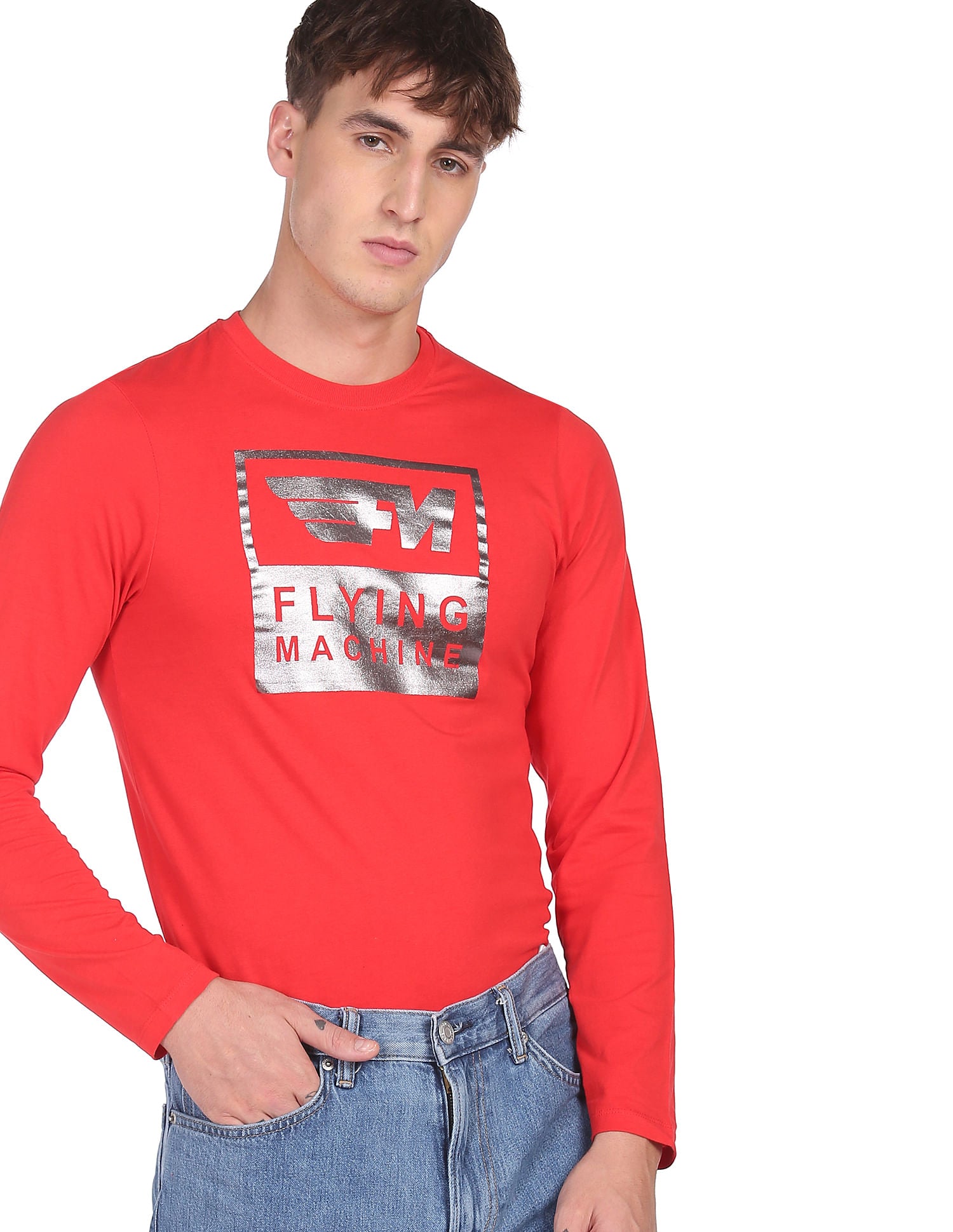 Long Sleeve Brand Print Cotton T-shirt by Flying Machine