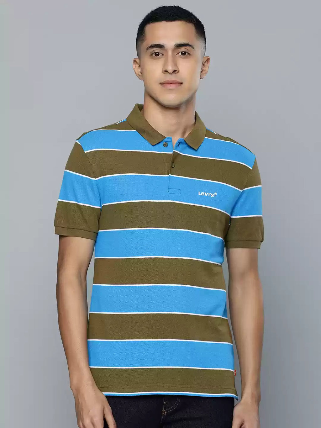 Levi's Men Blue and Olive Green Striped Polo Collar Pure Cotton T-shirt