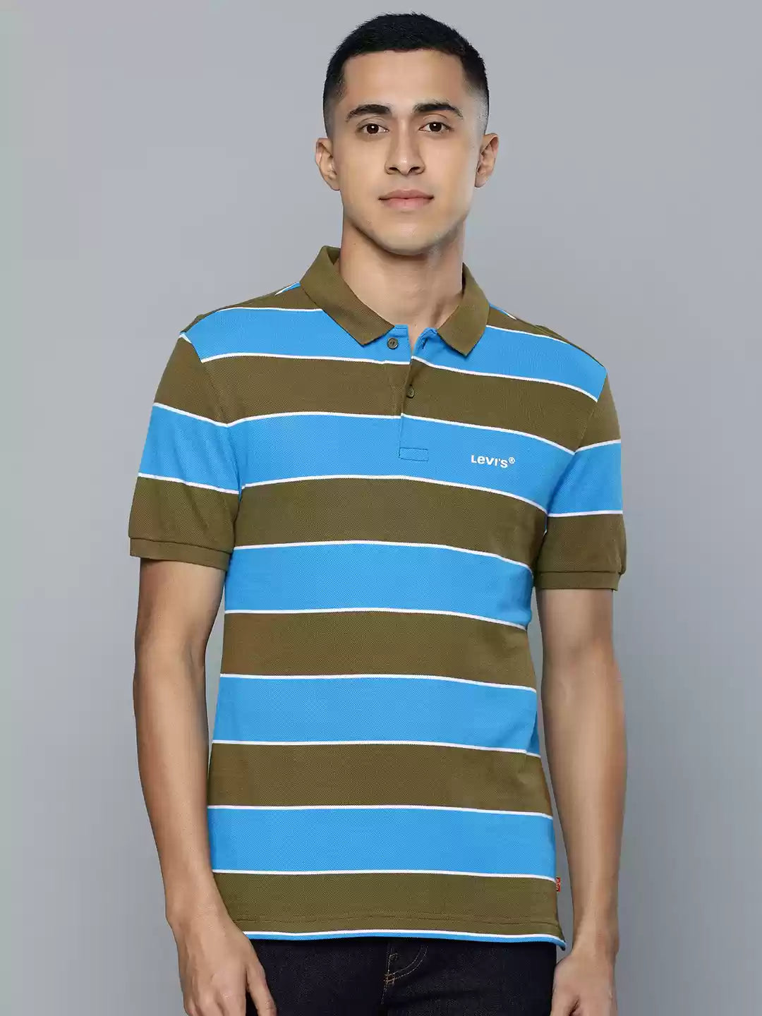 Levi's Men Blue and Olive Green Striped Polo Collar Pure Cotton T-shirt