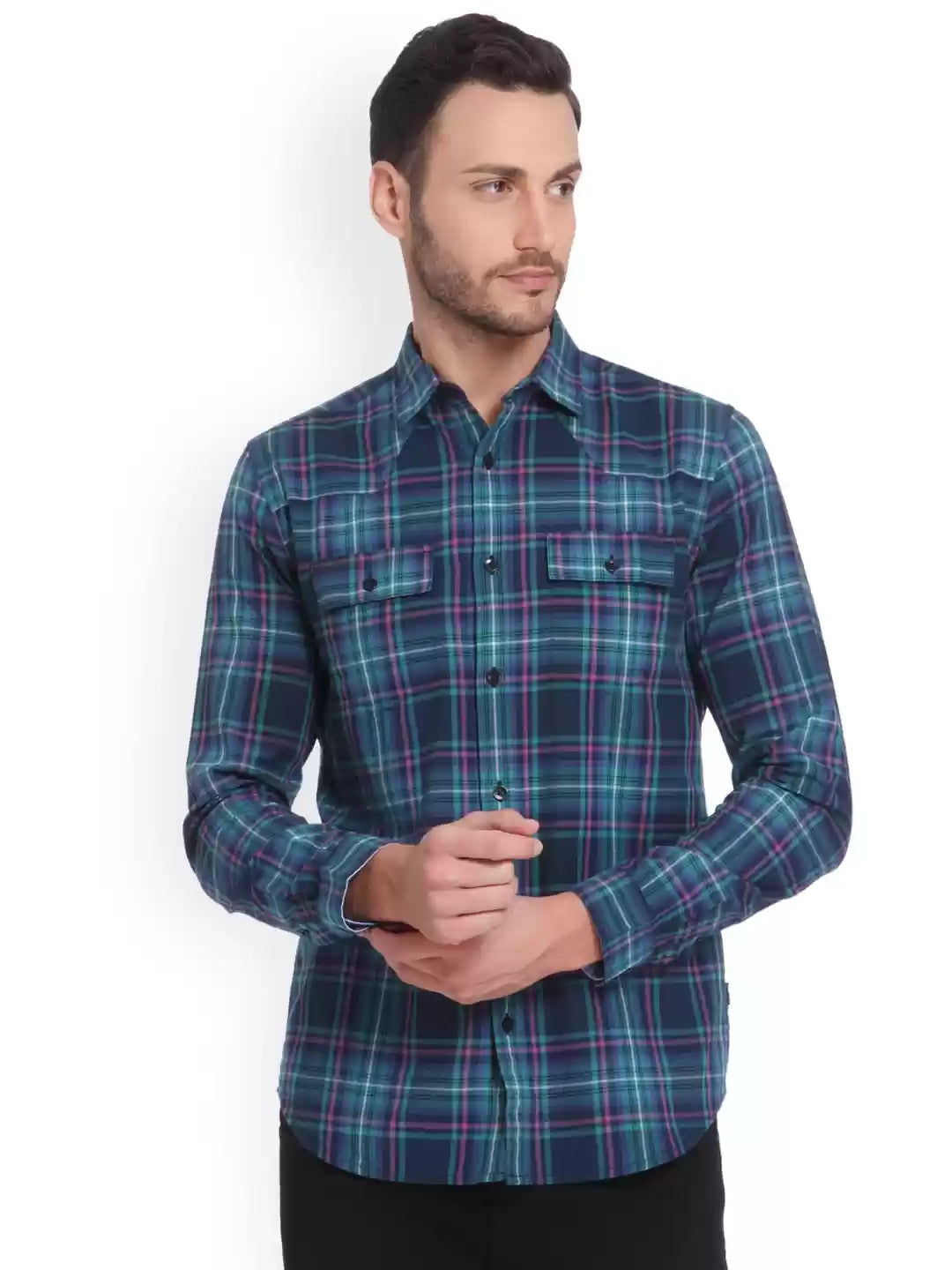 Men Green & Navy Blue Slim Fit checked casual shirts by Only & Son's