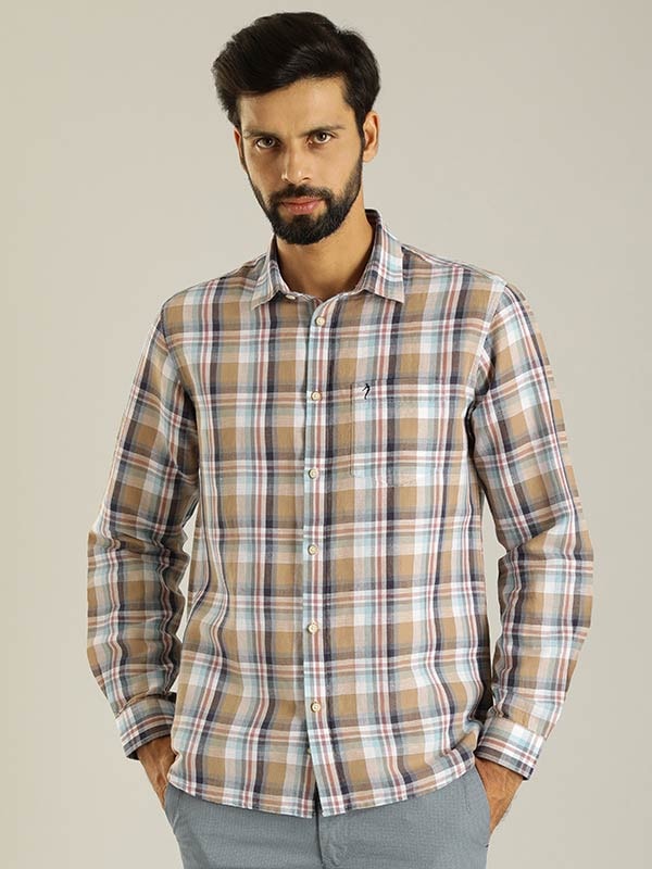 Men Checked Full Sleeve Linen Blend Shirt by Indian Terrain