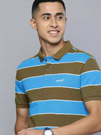 Levi's Men Blue and Olive Green Striped Polo Collar Pure Cotton T-shirt