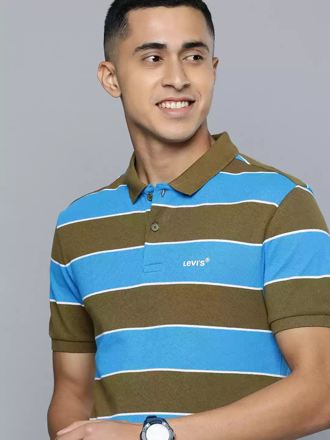 Levi's Men Blue and Olive Green Striped Polo Collar Pure Cotton T-shirt