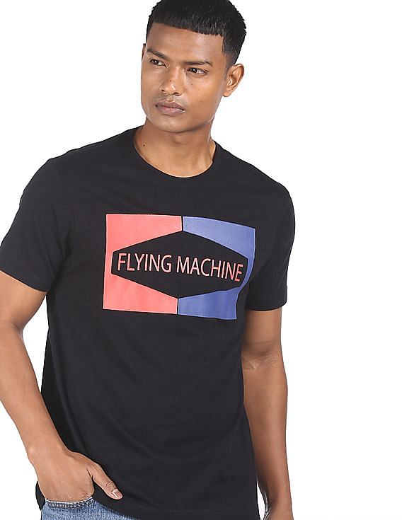 Flying Machine printed cotton black t-shirt.