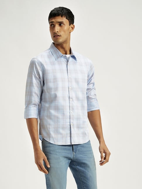 Levi's Light Blue Cotton Slim Fit Checks Shirt