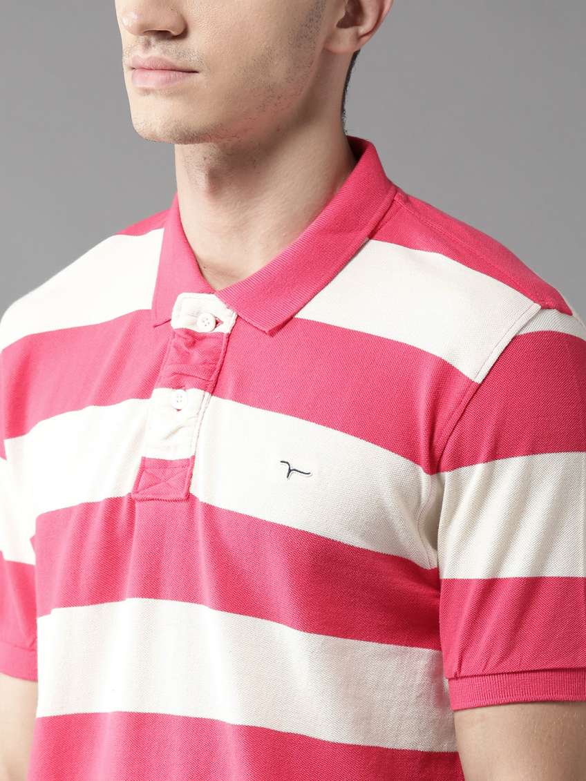 Men Pink striped Polo Collar Pure Cotton T-shirt by Flying Machine