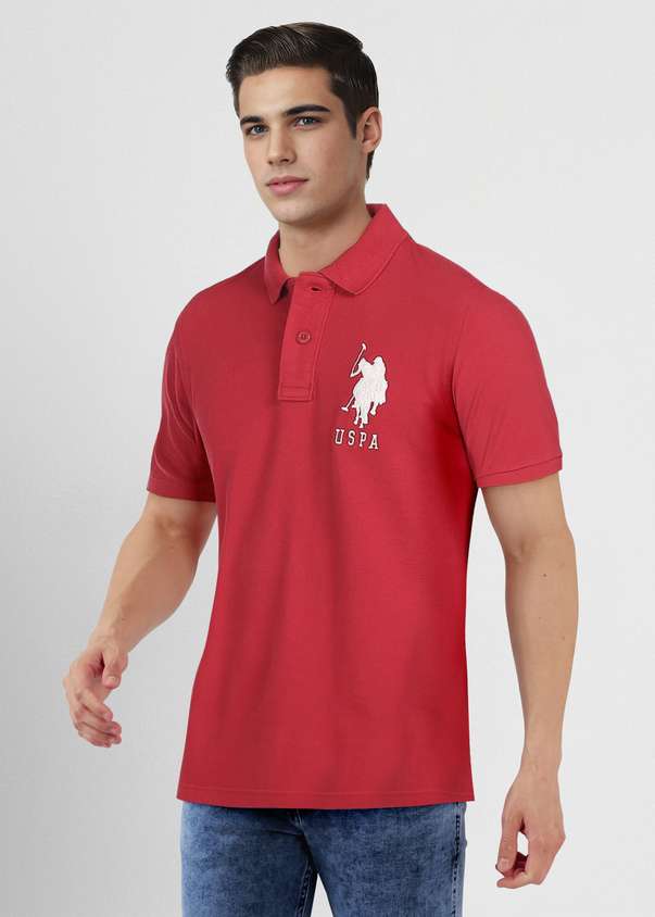 Men Solid Polo Neck Cotton Blend Red T-shirt by U. S. POLO ASSN.