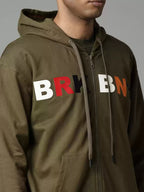 Men Olive Green Printed Hooded Pure Cotton Sweatshirt by BREAK BOUNCE