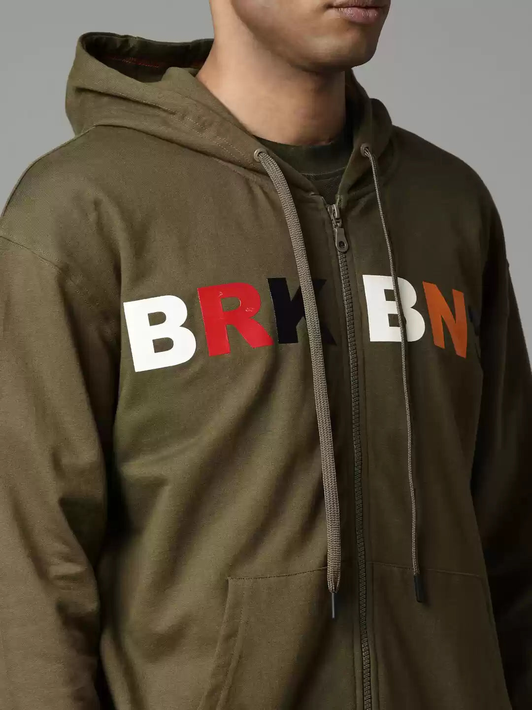 Men Olive Green Printed Hooded Pure Cotton Sweatshirt by BREAK BOUNCE