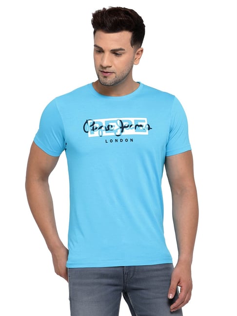 Sky Blue Printed Round Neck Short Sleeves T-Shirt by Pepe jeans