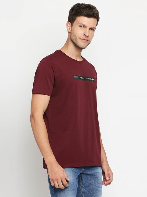Spykar Maroon Cotton Regular Fit Printed T-Shirt