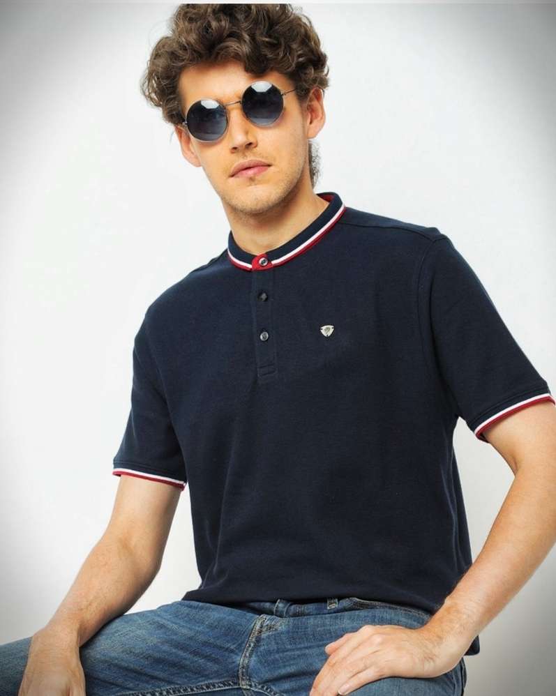 Men Solid Henley Neck Cotton Brand Navy Blue T-shirt by Netplay