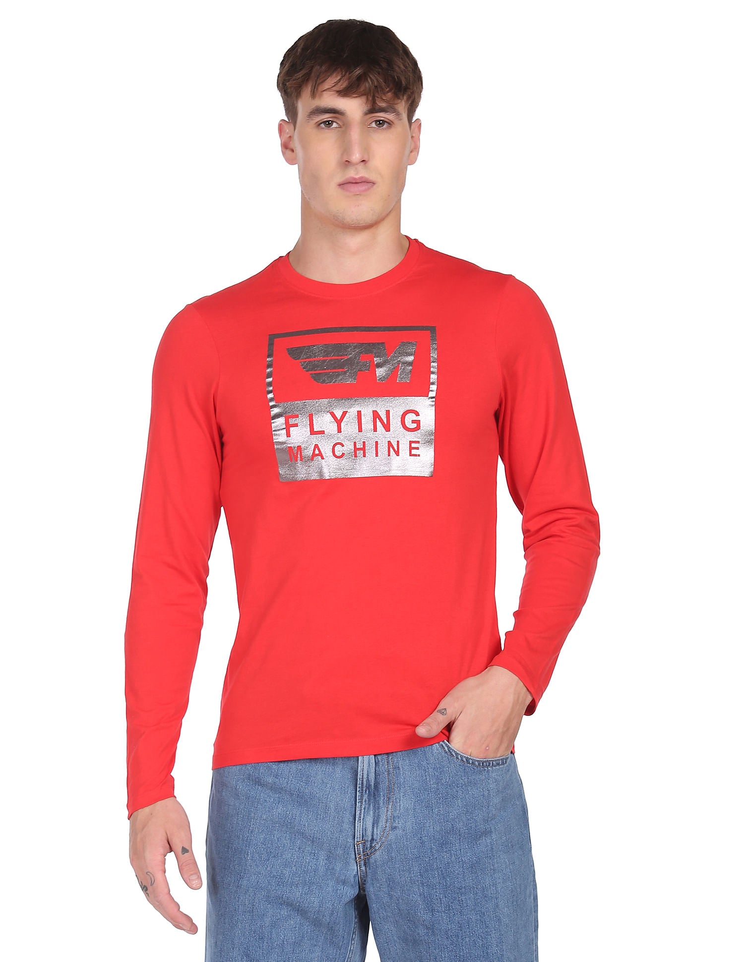Long Sleeve Brand Print Cotton T-shirt by Flying Machine