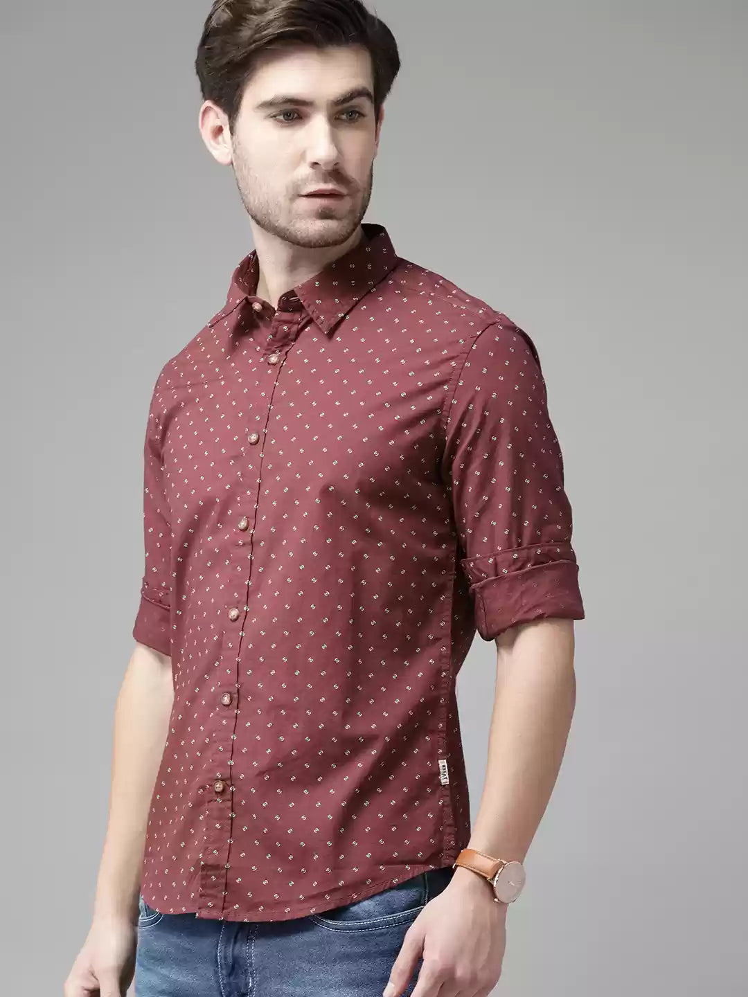 BEAT LONDON by PEPE JEANS Men maroon and white fit pure cotton printed shirt