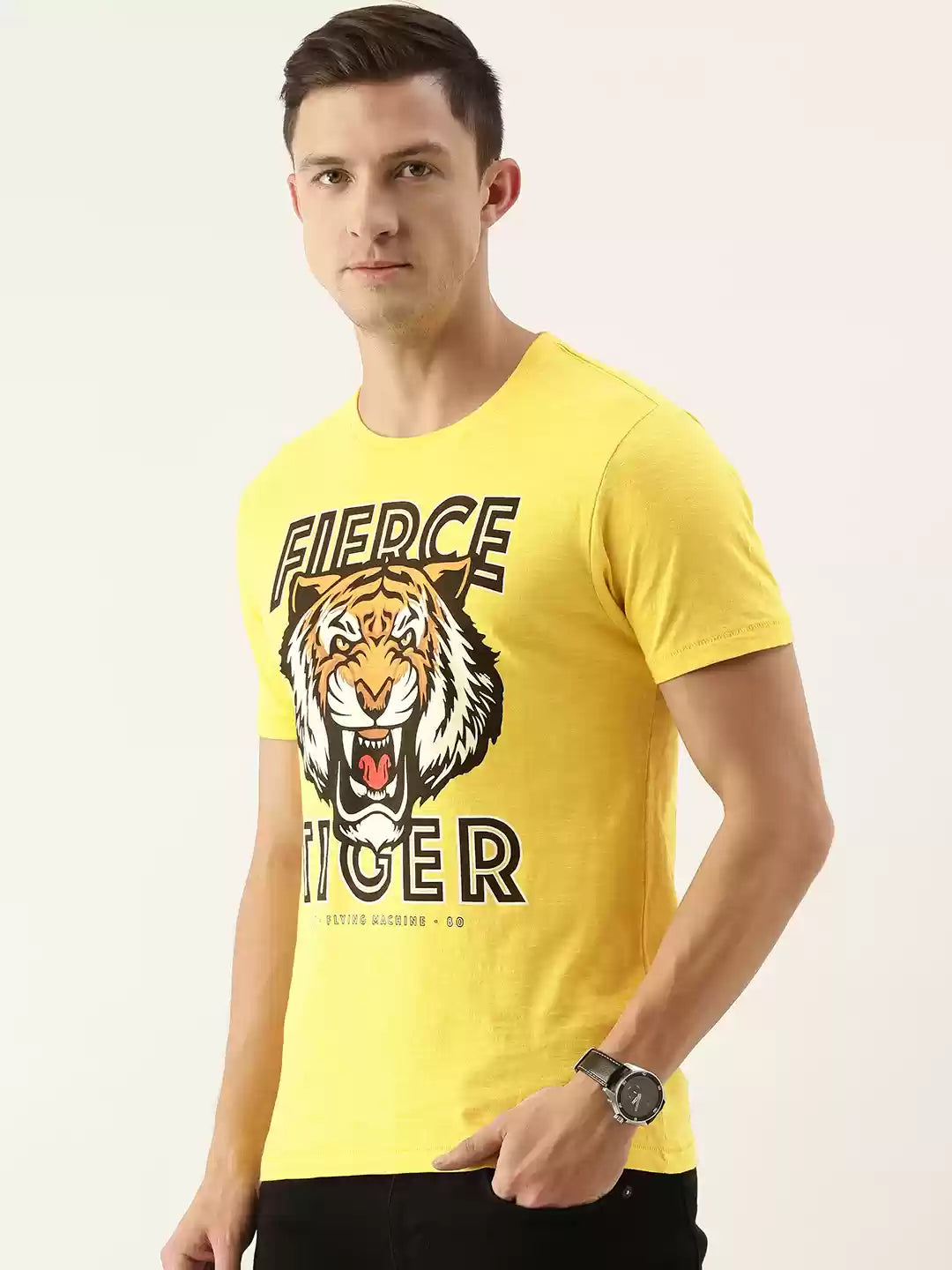 Men Yellow & Black Typography Printed Slim Fit Pure Cotton T-shirt by Flying Machine