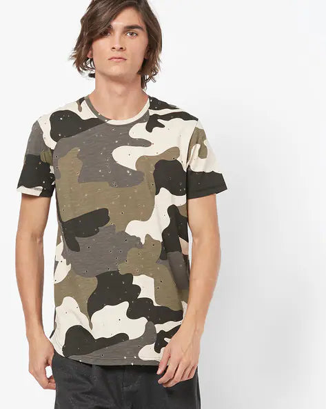 Slim Fit Camouflage Print Crew Neck T-shirt by Spykar
