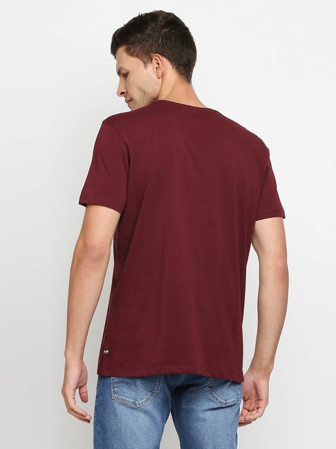 Spykar Maroon Cotton Regular Fit Printed T-Shirt