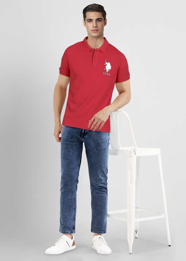 Men Solid Polo Neck Cotton Blend Red T-shirt by U. S. POLO ASSN.