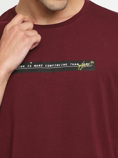 Spykar Maroon Cotton Regular Fit Printed T-Shirt