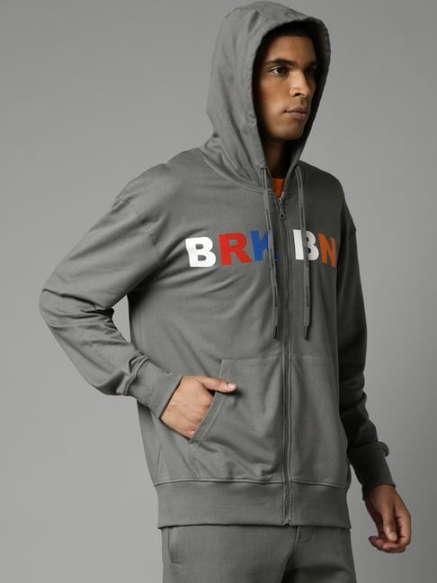 Men Olive Green Printed Hooded Pure Cotton Sweatshirt by BREAK BOUNCE