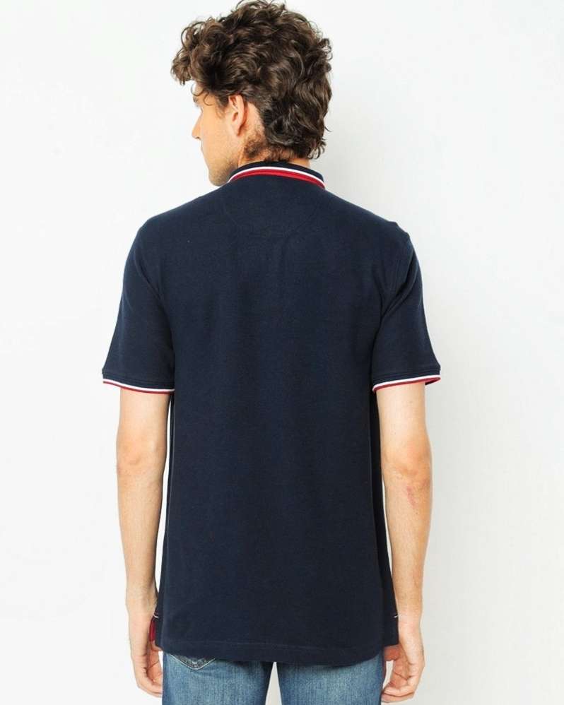 Men Solid Henley Neck Cotton Brand Navy Blue T-shirt by Netplay