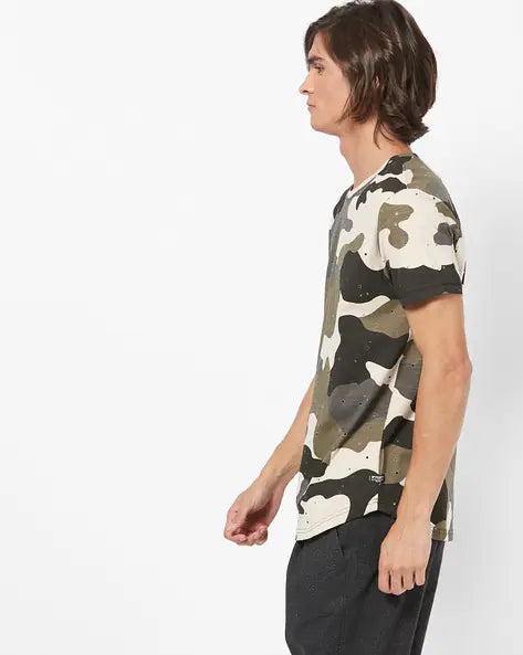 Slim Fit Camouflage Print Crew Neck T-shirt by Spykar