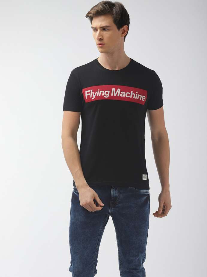 Men printed round neck pure cotton black t-shirt by Flying Machine