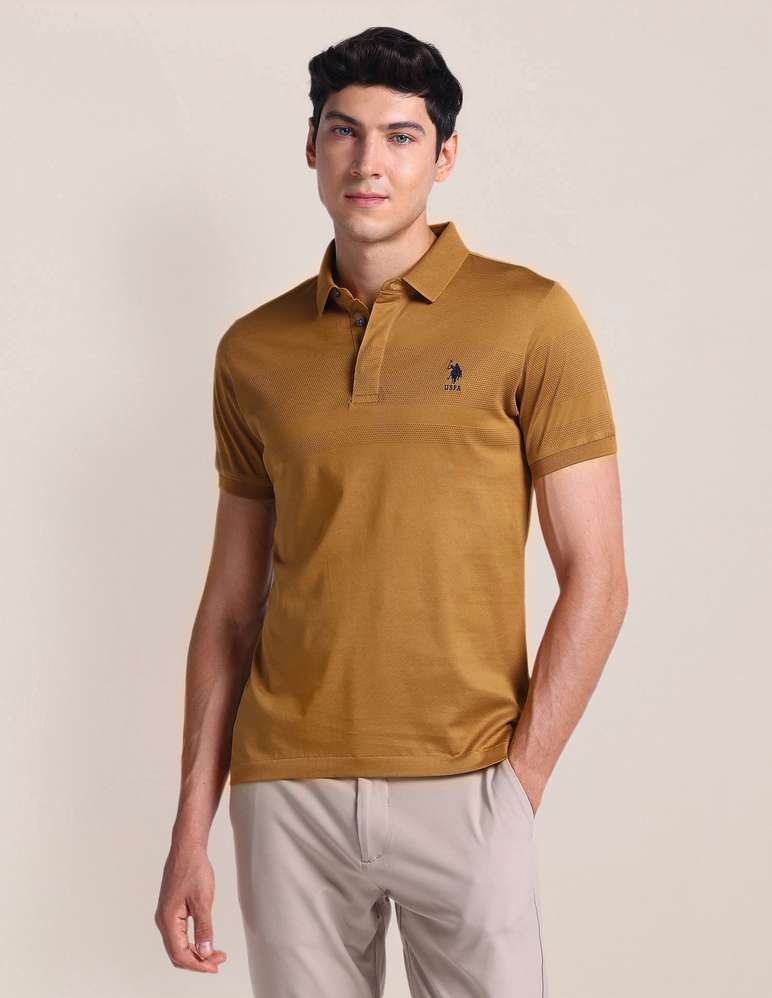 Men self design polo neck cotton blend brown T-shirt by U. S POLO ASSN.