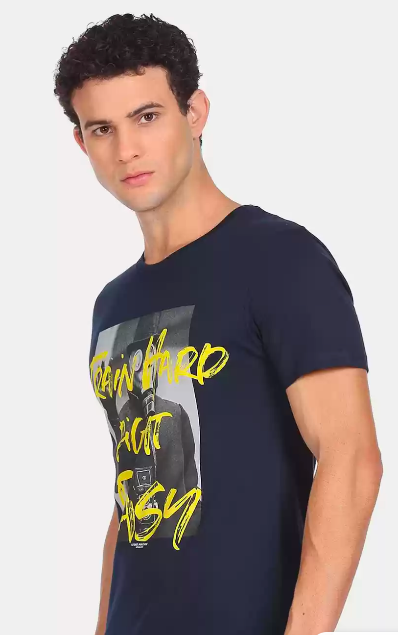 Flying Machine|blue & Yellow printed T-shirt