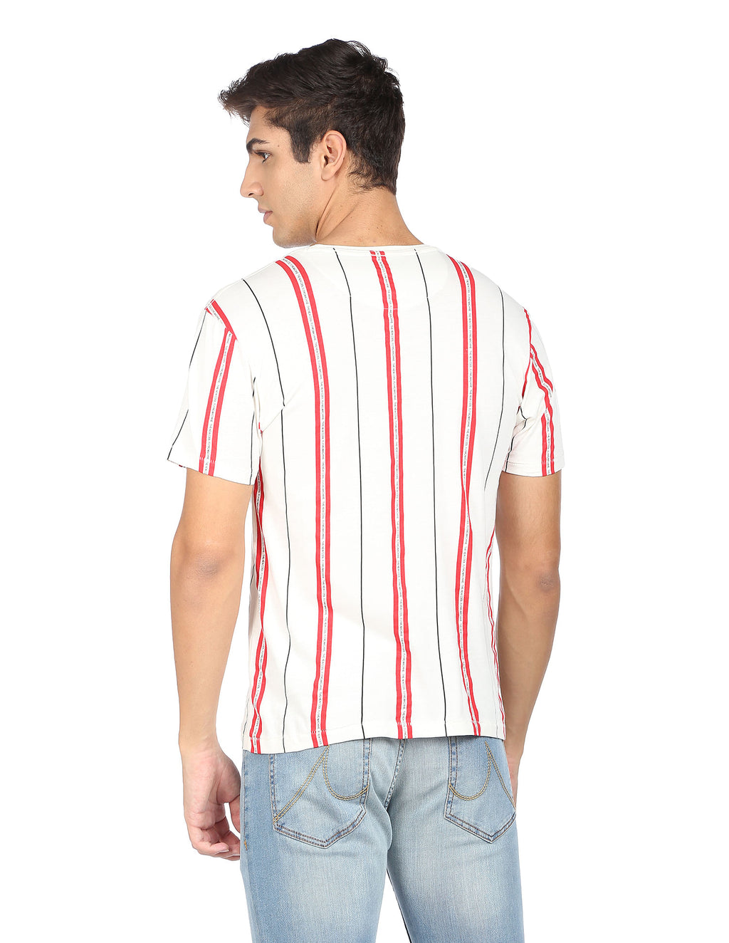 Crew Neck Vertical Strip Cotton T-shirt by Flying Machine