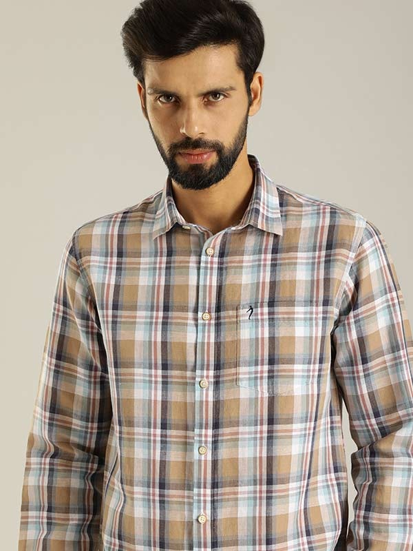 Men Checked Full Sleeve Linen Blend Shirt by Indian Terrain