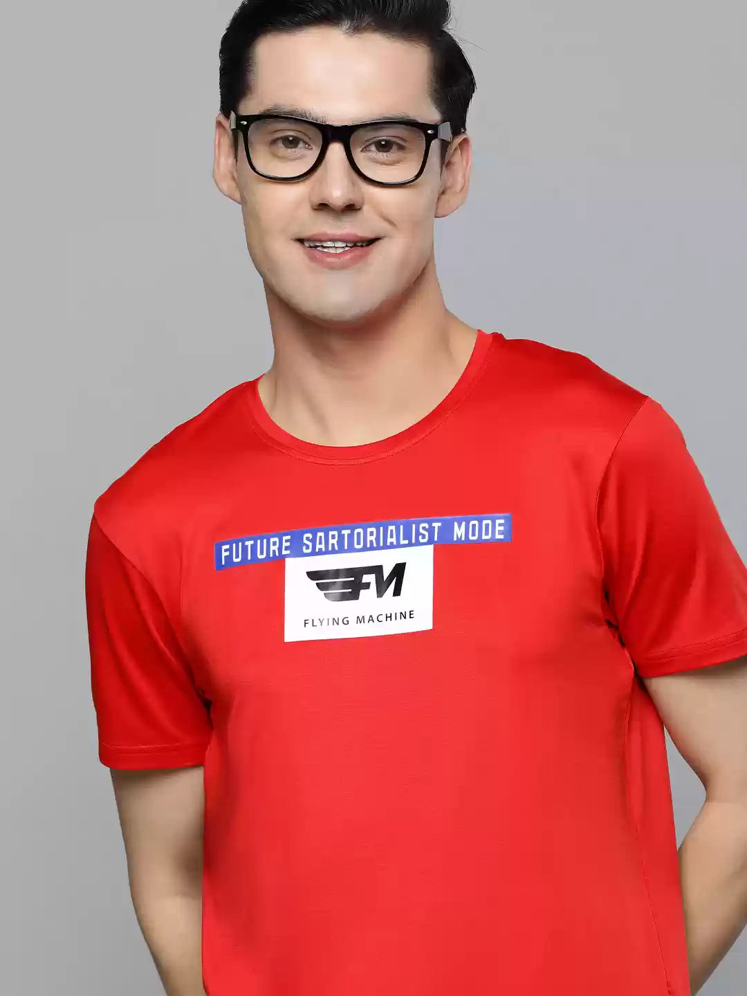 Men Red Brand Logo Printed Pure Cotton Slim Fit T-shirt by Flying Machine