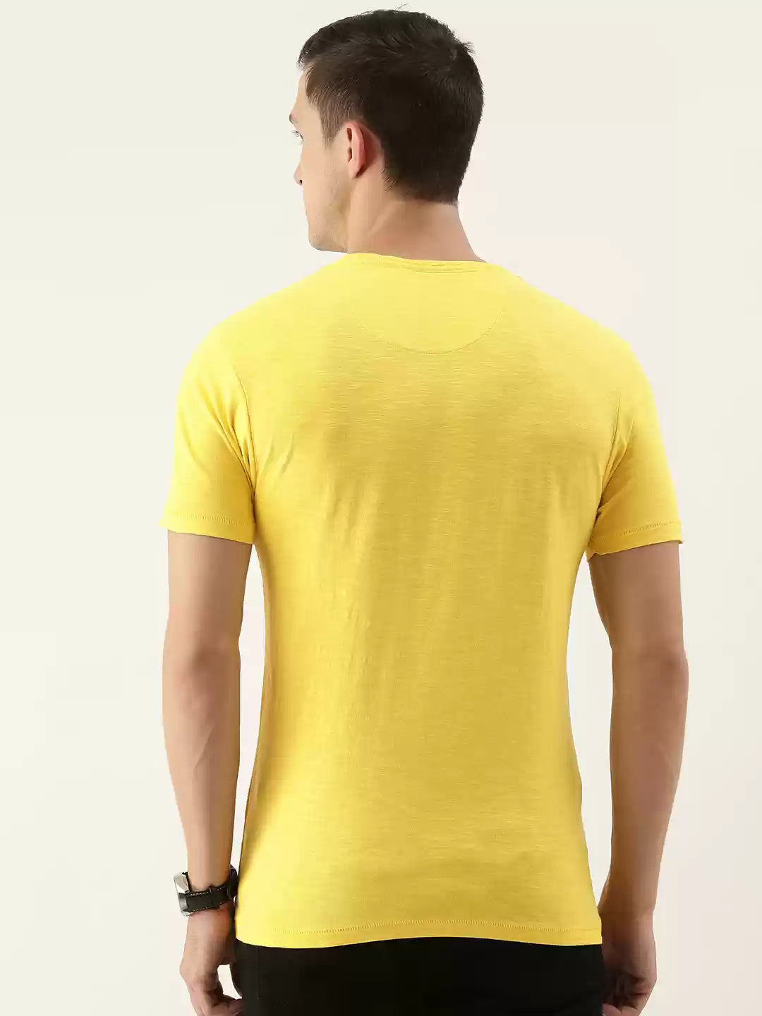 Men Yellow & Black Typography Printed Slim Fit Pure Cotton T-shirt by Flying Machine