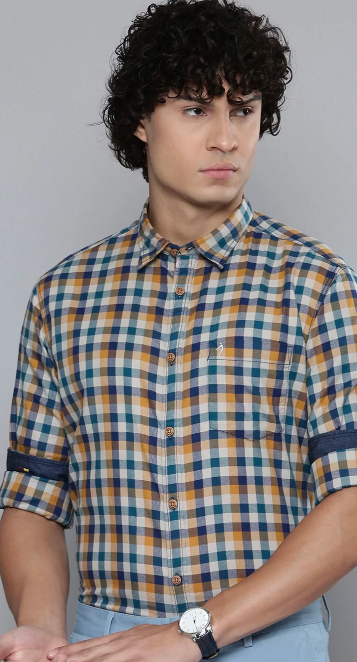 Indian terrain men chiseled slim fit checked cotton shirt
