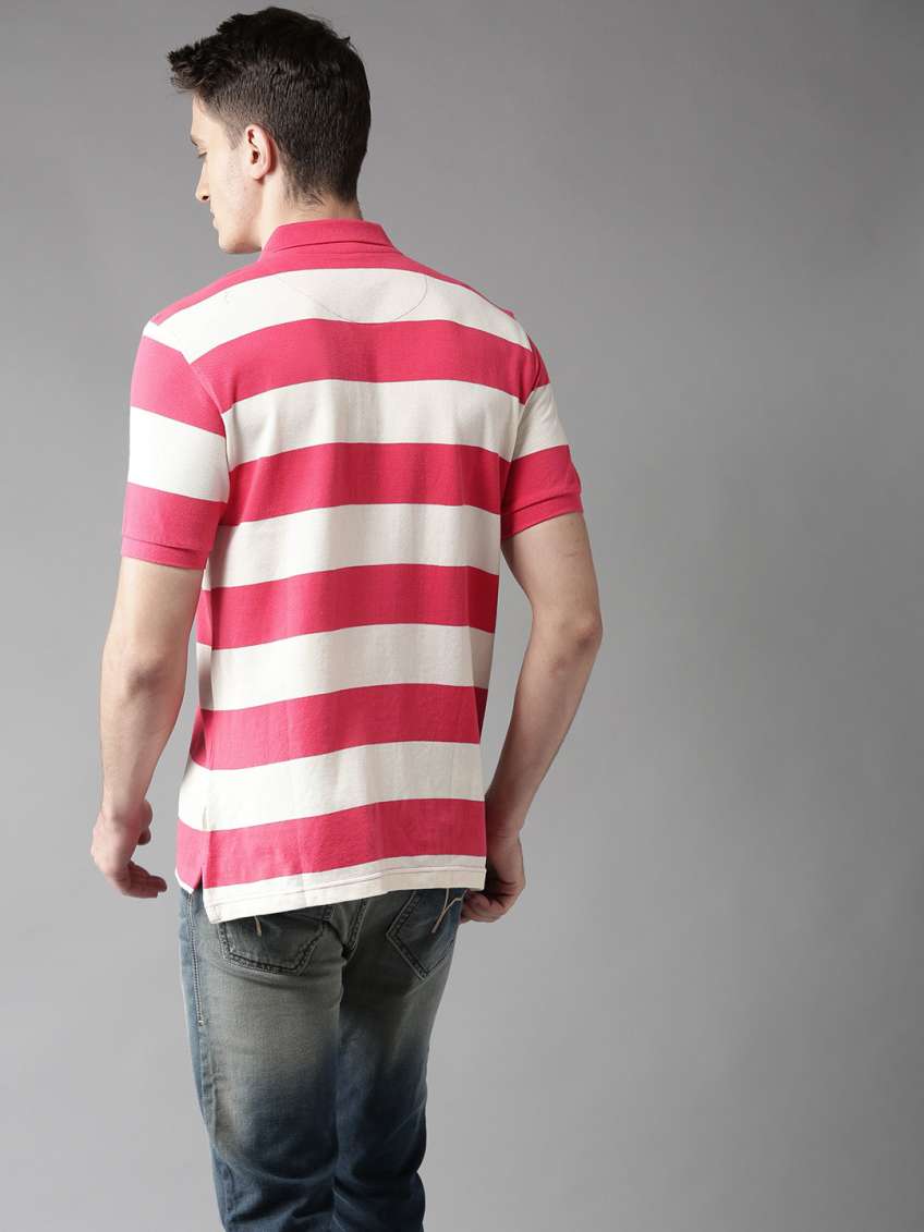 Men Pink striped Polo Collar Pure Cotton T-shirt by Flying Machine