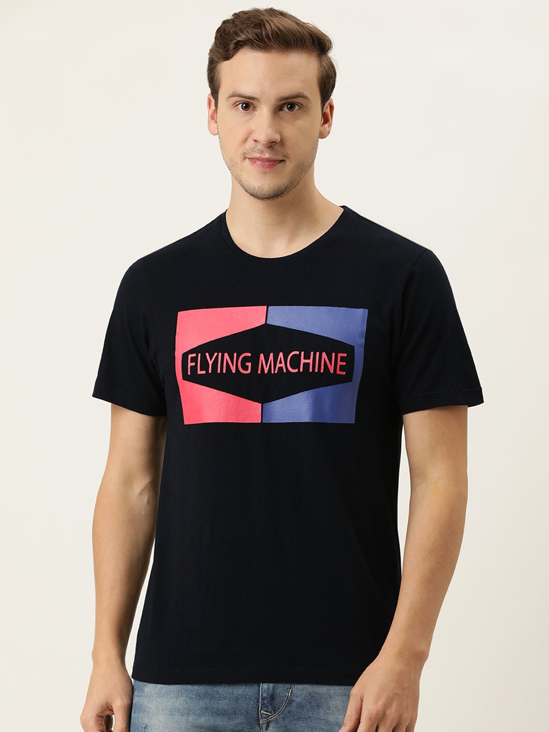 Flying Machine printed cotton black t-shirt.