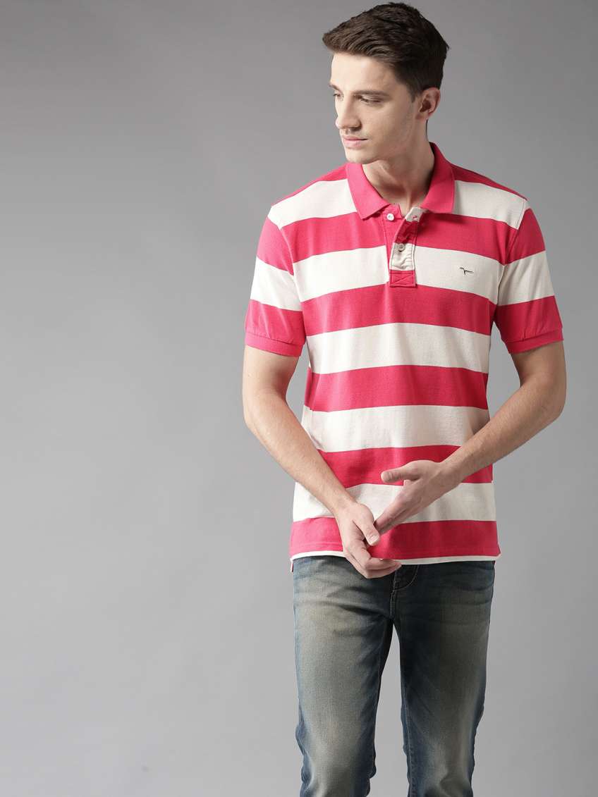 Men Pink striped Polo Collar Pure Cotton T-shirt by Flying Machine