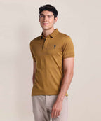 Men self design polo neck cotton blend brown T-shirt by U. S POLO ASSN.