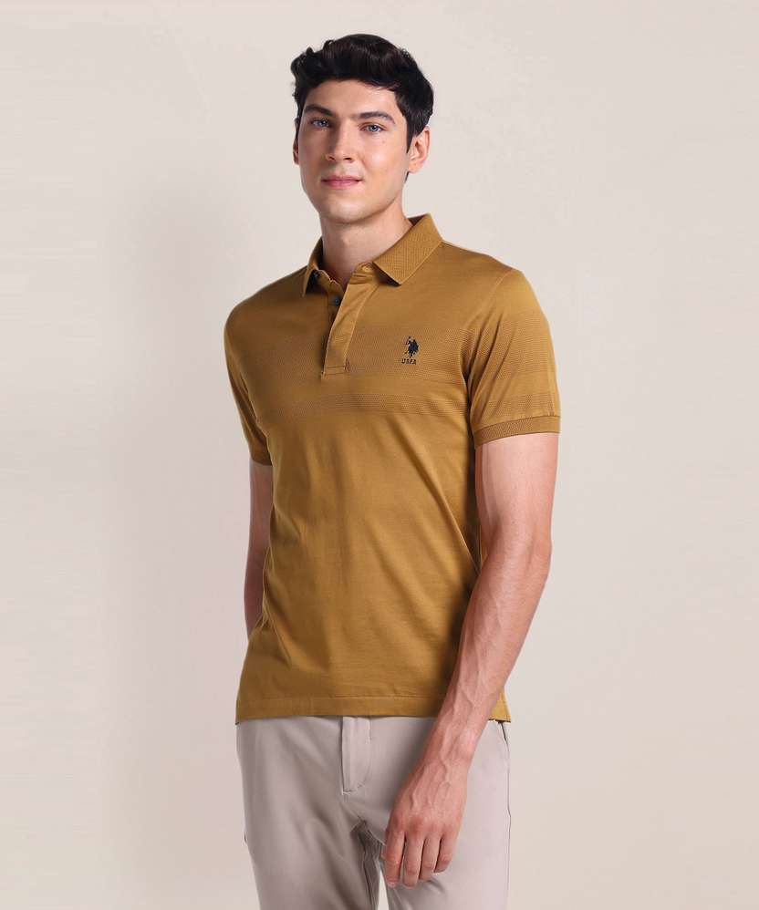 Men self design polo neck cotton blend brown T-shirt by U. S POLO ASSN.