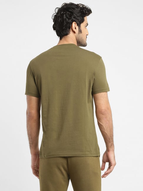 Dark Moss Olive Pure Cotton Regular Fit Printed T-Shirts by Levi's